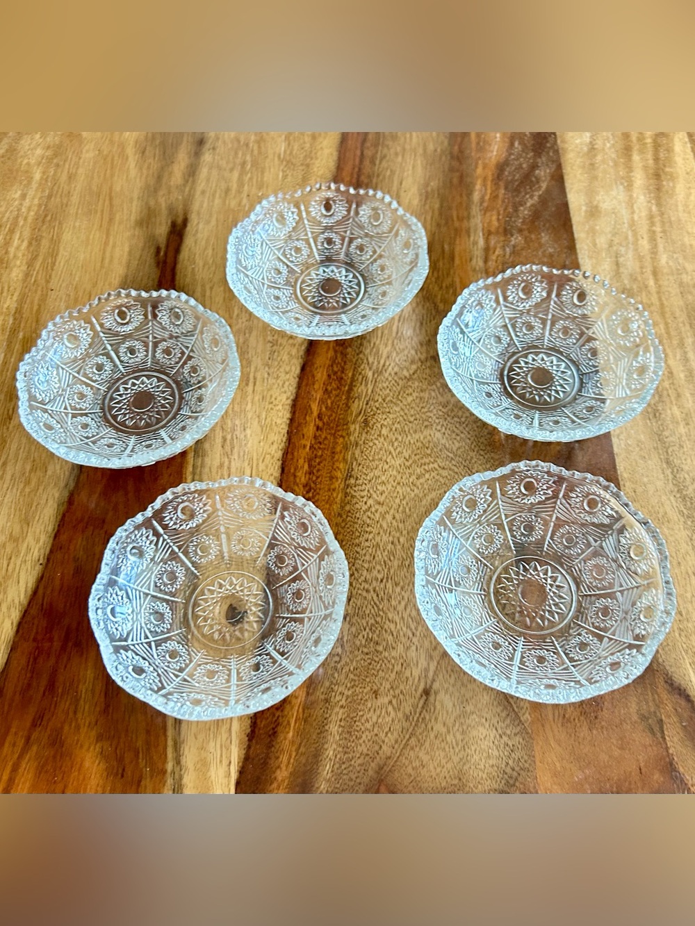 Clear Pressed Crystal floral Glass dessert decor dishes plates Set of 5 boho
